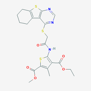 molecular formula C22H23N3O5S3 B380052 4-O-ethyl 2-O-methyl 3-methyl-5-[[2-(5,6,7,8-tetrahydro-[1]benzothiolo[2,3-d]pyrimidin-4-ylsulfanyl)acetyl]amino]thiophene-2,4-dicarboxylate CAS No. 307513-77-5