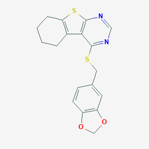 molecular formula C18H16N2O2S2 B380058 1,3-Benzodioxol-5-ylmethyl 5,6,7,8-tetrahydro[1]benzothieno[2,3-d]pyrimidin-4-yl sulfide CAS No. 356569-24-9