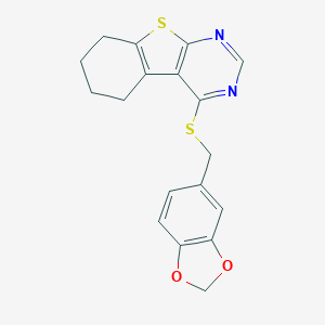 molecular formula C18H16N2O2S2 B380058 1,3-ベンゾジオキソール-5-イルメチル 5,6,7,8-テトラヒドロ[1]ベンゾチエノ[2,3-d]ピリミジン-4-イルスルフィド CAS No. 356569-24-9