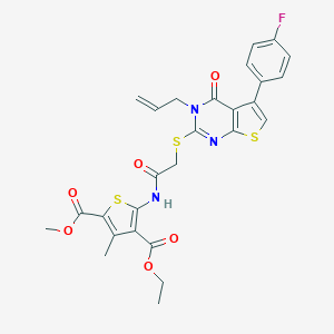 molecular formula C27H24FN3O6S3 B380059 4-Ethyl 2-methyl 5-[({[3-allyl-5-(4-fluorophenyl)-4-oxo-3,4-dihydrothieno[2,3-d]pyrimidin-2-yl]sulfanyl}acetyl)amino]-3-methyl-2,4-thiophenedicarboxylate 
