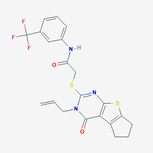 molecular formula C21H18F3N3O2S2 B380060 2-[(3-allyl-4-oxo-3,5,6,7-tetrahydro-4H-cyclopenta[4,5]thieno[2,3-d]pyrimidin-2-yl)sulfanyl]-N-[3-(trifluoromethyl)phenyl]acetamide 