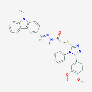 molecular formula C33H30N6O3S B380100 2-{[5-(3,4-dimethoxyphenyl)-4-phenyl-4H-1,2,4-triazol-3-yl]sulfanyl}-N'-[(9-ethyl-9H-carbazol-3-yl)methylene]acetohydrazide 