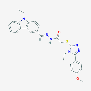 molecular formula C28H28N6O2S B380111 N'-[(E)-(9-Ethyl-9H-carbazol-3-YL)methylidene]-2-{[4-ethyl-5-(4-methoxyphenyl)-4H-1,2,4-triazol-3-YL]sulfanyl}acetohydrazide 