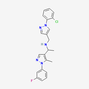 molecular formula C22H21ClFN5 B3801515 N-{[1-(2-chlorophenyl)-1H-pyrazol-4-yl]methyl}-1-[1-(3-fluorophenyl)-5-methyl-1H-pyrazol-4-yl]ethanamine 