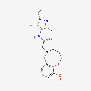 molecular formula C20H28N4O3 B3801783 N-(1-ethyl-3,5-dimethyl-1H-pyrazol-4-yl)-2-(10-methoxy-3,4-dihydro-2H-1,5-benzoxazocin-5(6H)-yl)acetamide 