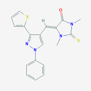 molecular formula C19H16N4OS2 B380293 1,3-dimethyl-5-{[1-phenyl-3-(2-thienyl)-1H-pyrazol-4-yl]methylene}-2-thioxo-4-imidazolidinone 