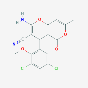 2-amino-4-(3,5-dichloro-2-methoxyphenyl)-7-methyl-5-oxo-4H,5H-pyrano[4,3-b]pyran-3-carbonitrile