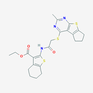 molecular formula C23H25N3O3S3 B380359 ethyl 2-({[(2-methyl-6,7-dihydro-5H-cyclopenta[4,5]thieno[2,3-d]pyrimidin-4-yl)sulfanyl]acetyl}amino)-4,5,6,7-tetrahydro-1-benzothiophene-3-carboxylate 