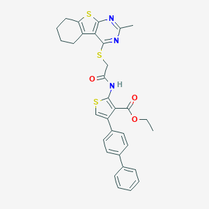 molecular formula C32H29N3O3S3 B380364 Ethyl 4-[1,1'-biphenyl]-4-yl-2-({[(2-methyl-5,6,7,8-tetrahydro[1]benzothieno[2,3-d]pyrimidin-4-yl)sulfanyl]acetyl}amino)-3-thiophenecarboxylate 