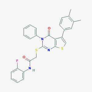 molecular formula C28H22FN3O2S2 B380368 2-[5-(3,4-dimethylphenyl)-4-oxo-3-phenylthieno[2,3-d]pyrimidin-2-yl]sulfanyl-N-(2-fluorophenyl)acetamide CAS No. 315679-05-1