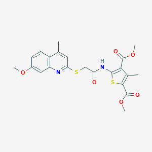 molecular formula C22H22N2O6S2 B380380 Dimethyl 5-({[(7-methoxy-4-methyl-2-quinolinyl)sulfanyl]acetyl}amino)-3-methyl-2,4-thiophenedicarboxylate 