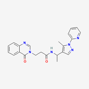 molecular formula C22H22N6O2 B3803811 N-{1-[5-methyl-1-(2-pyridinyl)-1H-pyrazol-4-yl]ethyl}-3-(4-oxo-3(4H)-quinazolinyl)propanamide 