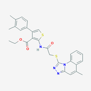 molecular formula C28H26N4O3S2 B380383 Ethyl 4-(3,4-dimethylphenyl)-2-({[(5-methyl[1,2,4]triazolo[4,3-a]quinolin-1-yl)sulfanyl]acetyl}amino)-3-thiophenecarboxylate 