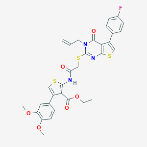 molecular formula C32H28FN3O6S3 B380390 Ethyl 2-[({[3-allyl-5-(4-fluorophenyl)-4-oxo-3,4-dihydrothieno[2,3-d]pyrimidin-2-yl]sulfanyl}acetyl)amino]-4-(3,4-dimethoxyphenyl)-3-thiophenecarboxylate 