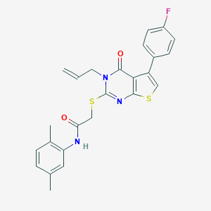 molecular formula C25H22FN3O2S2 B380393 2-{[3-allyl-5-(4-fluorophenyl)-4-oxo-3,4-dihydrothieno[2,3-d]pyrimidin-2-yl]sulfanyl}-N-(2,5-dimethylphenyl)acetamide 