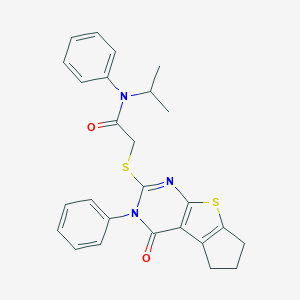 molecular formula C26H25N3O2S2 B380399 N-isopropyl-2-[(4-oxo-3-phenyl-3,5,6,7-tetrahydro-4H-cyclopenta[4,5]thieno[2,3-d]pyrimidin-2-yl)sulfanyl]-N-phenylacetamide 