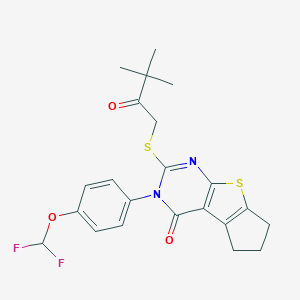 molecular formula C22H22F2N2O3S2 B380401 3-[4-(difluoromethoxy)phenyl]-2-[(3,3-dimethyl-2-oxobutyl)sulfanyl]-3,5,6,7-tetrahydro-4H-cyclopenta[4,5]thieno[2,3-d]pyrimidin-4-one 