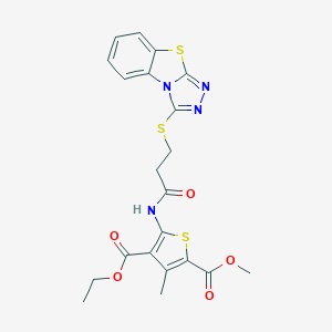 molecular formula C21H20N4O5S3 B380404 4-Ethyl 2-methyl 3-methyl-5-{[3-([1,2,4]triazolo[3,4-b][1,3]benzothiazol-3-ylsulfanyl)propanoyl]amino}-2,4-thiophenedicarboxylate 