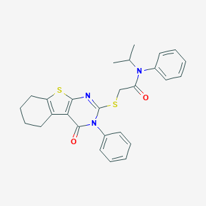 molecular formula C27H27N3O2S2 B380405 N-isopropyl-2-[(4-oxo-3-phenyl-3,4,5,6,7,8-hexahydro[1]benzothieno[2,3-d]pyrimidin-2-yl)sulfanyl]-N-phenylacetamide 