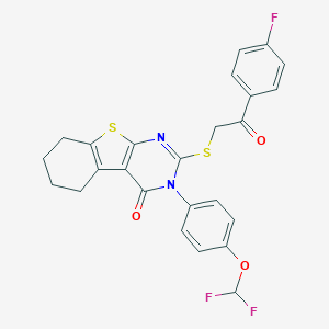 molecular formula C25H19F3N2O3S2 B380418 3-[4-(difluoromethoxy)phenyl]-2-{[2-(4-fluorophenyl)-2-oxoethyl]sulfanyl}-5,6,7,8-tetrahydro[1]benzothieno[2,3-d]pyrimidin-4(3H)-one 