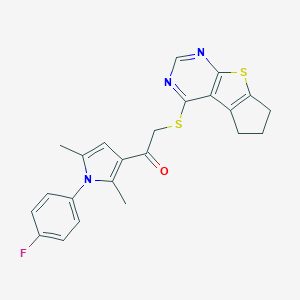 molecular formula C23H20FN3OS2 B380447 1-[1-(4-Fluorophenyl)-2,5-dimethylpyrrol-3-yl]-2-(7-thia-9,11-diazatricyclo[6.4.0.02,6]dodeca-1(8),2(6),9,11-tetraen-12-ylsulfanyl)ethanone CAS No. 315679-34-6
