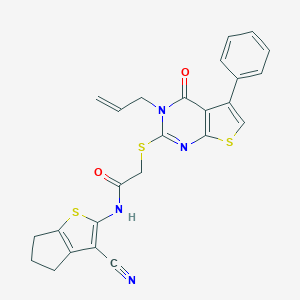 molecular formula C25H20N4O2S3 B380449 2-[(3-allyl-4-oxo-5-phenyl-3,4-dihydrothieno[2,3-d]pyrimidin-2-yl)sulfanyl]-N-(3-cyano-5,6-dihydro-4H-cyclopenta[b]thien-2-yl)acetamide 
