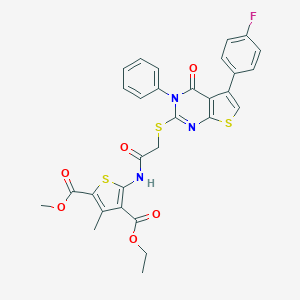 molecular formula C30H24FN3O6S3 B380451 4-Ethyl 2-methyl 5-[({[5-(4-fluorophenyl)-4-oxo-3-phenyl-3,4-dihydrothieno[2,3-d]pyrimidin-2-yl]sulfanyl}acetyl)amino]-3-methyl-2,4-thiophenedicarboxylate 