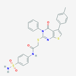 molecular formula C27H22N4O4S3 B380464 N-[4-(aminosulfonyl)phenyl]-2-{[5-(4-methylphenyl)-4-oxo-3-phenyl-3,4-dihydrothieno[2,3-d]pyrimidin-2-yl]sulfanyl}acetamide 