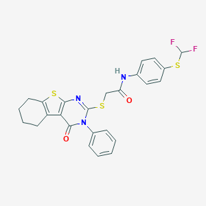molecular formula C25H21F2N3O2S3 B380465 N-{4-[(difluoromethyl)sulfanyl]phenyl}-2-[(4-oxo-3-phenyl-3,4,5,6,7,8-hexahydro[1]benzothieno[2,3-d]pyrimidin-2-yl)sulfanyl]acetamide 