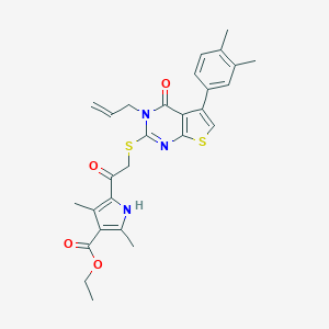 molecular formula C28H29N3O4S2 B380469 ethyl 5-({[3-allyl-5-(3,4-dimethylphenyl)-4-oxo-3,4-dihydrothieno[2,3-d]pyrimidin-2-yl]thio}acetyl)-2,4-dimethyl-1H-pyrrole-3-carboxylate 