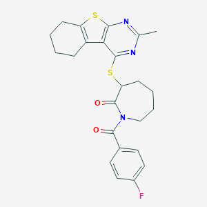 molecular formula C24H24FN3O2S2 B380471 1-(4-Fluorobenzoyl)-3-[(2-methyl-5,6,7,8-tetrahydro[1]benzothieno[2,3-d]pyrimidin-4-yl)sulfanyl]-2-azepanone 