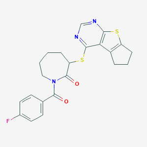 molecular formula C22H20FN3O2S2 B380472 3-((6,7-dihydro-5H-cyclopenta[4,5]thieno[2,3-d]pyrimidin-4-yl)thio)-1-(4-fluorobenzoyl)azepan-2-one CAS No. 315693-02-8