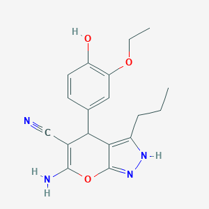 molecular formula C18H20N4O3 B380474 6-Amino-4-(3-ethoxy-4-hydroxyphenyl)-3-propyl-1,4-dihydropyrano[2,3-c]pyrazole-5-carbonitrile 