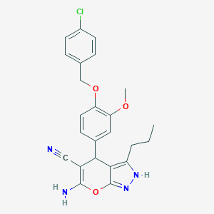 molecular formula C24H23ClN4O3 B380478 6-Amino-4-[4-[(4-chlorophenyl)methoxy]-3-methoxyphenyl]-3-propyl-2,4-dihydropyrano[2,3-c]pyrazole-5-carbonitrile CAS No. 342780-00-1