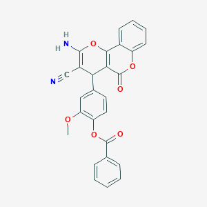molecular formula C27H18N2O6 B380479 4-(2-amino-3-cyano-5-oxo-4H,5H-pyrano[3,2-c]chromen-4-yl)-2-methoxyphenyl benzoate 