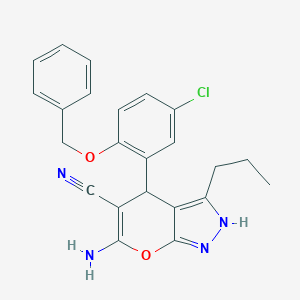 molecular formula C23H21ClN4O2 B380480 6-Amino-4-[2-(benzyloxy)-5-chlorophenyl]-3-propyl-1,4-dihydropyrano[2,3-c]pyrazole-5-carbonitrile 