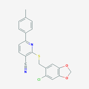 molecular formula C21H15ClN2O2S B380488 2-{[(6-Chloro-1,3-benzodioxol-5-yl)methyl]sulfanyl}-6-(4-methylphenyl)pyridine-3-carbonitrile 