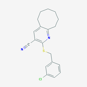 molecular formula C19H19ClN2S B380494 2-[(3-Chlorobenzyl)sulfanyl]-5,6,7,8,9,10-hexahydrocycloocta[b]pyridine-3-carbonitrile 