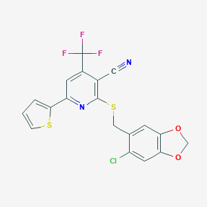 molecular formula C19H10ClF3N2O2S2 B380499 2-{[(6-Chloro-1,3-benzodioxol-5-yl)methyl]sulfanyl}-6-(2-thienyl)-4-(trifluoromethyl)nicotinonitrile CAS No. 342780-33-0