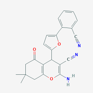 molecular formula C23H19N3O3 B380500 2-amino-4-[5-(2-cyanophenyl)-2-furyl]-7,7-dimethyl-5-oxo-5,6,7,8-tetrahydro-4H-chromene-3-carbonitrile 