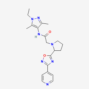 molecular formula C20H25N7O2 B3805264 N-(1-ethyl-3,5-dimethyl-1H-pyrazol-4-yl)-2-[2-(3-pyridin-4-yl-1,2,4-oxadiazol-5-yl)pyrrolidin-1-yl]acetamide 