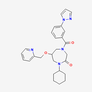 molecular formula C27H31N5O3 B3806046 1-cyclohexyl-4-[3-(1H-pyrazol-1-yl)benzoyl]-6-(2-pyridinylmethoxy)-1,4-diazepan-2-one 