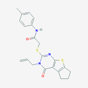 N-(4-Methylphenyl)-2-[(12-oxo-11-prop-2-enyl-7-thia-9,11-diazatricyclo[6.4.0.02,6]dodeca-1(8),2(6),9-trien-10-yl)sulfanyl]acetamide