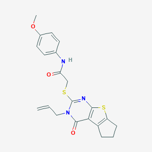 molecular formula C21H21N3O3S2 B380660 2-[(3-allyl-4-oxo-3,5,6,7-tetrahydro-4H-cyclopenta[4,5]thieno[2,3-d]pyrimidin-2-yl)sulfanyl]-N-(4-methoxyphenyl)acetamide CAS No. 314260-66-7