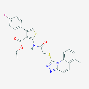 molecular formula C26H21FN4O3S2 B380662 Ethyl 4-(4-fluorophenyl)-2-({[(6-methyl[1,2,4]triazolo[4,3-a]quinolin-1-yl)sulfanyl]acetyl}amino)-3-thiophenecarboxylate 