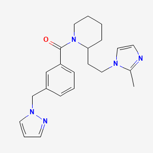 molecular formula C22H27N5O B3806643 2-[2-(2-methyl-1H-imidazol-1-yl)ethyl]-1-[3-(1H-pyrazol-1-ylmethyl)benzoyl]piperidine 