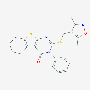 molecular formula C22H21N3O2S2 B380667 2-[(3,5-Dimethyl-1,2-oxazol-4-yl)methylsulfanyl]-3-phenyl-5,6,7,8-tetrahydro-[1]benzothiolo[2,3-d]pyrimidin-4-one CAS No. 314260-92-9
