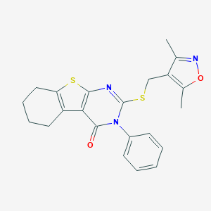 molecular formula C22H21N3O2S2 B380667 2-[(3,5-Dimethyl-1,2-oxazol-4-yl)methylsulfanyl]-3-phenyl-5,6,7,8-tetrahydro-[1]benzothiolo[2,3-d]pyrimidin-4-one 