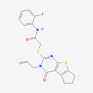 molecular formula C20H18FN3O2S2 B380671 N-(2-fluorophenyl)-2-{[12-oxo-11-(prop-2-en-1-yl)-7-thia-9,11-diazatricyclo[6.4.0.0^{2,6}]dodeca-1(8),2(6),9-trien-10-yl]sulfanyl}acetamide CAS No. 314261-08-0
