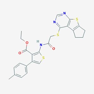 molecular formula C25H23N3O3S3 B380672 ethyl 2-(2-((6,7-dihydro-5H-cyclopenta[4,5]thieno[2,3-d]pyrimidin-4-yl)thio)acetamido)-4-(p-tolyl)thiophene-3-carboxylate CAS No. 314261-03-5